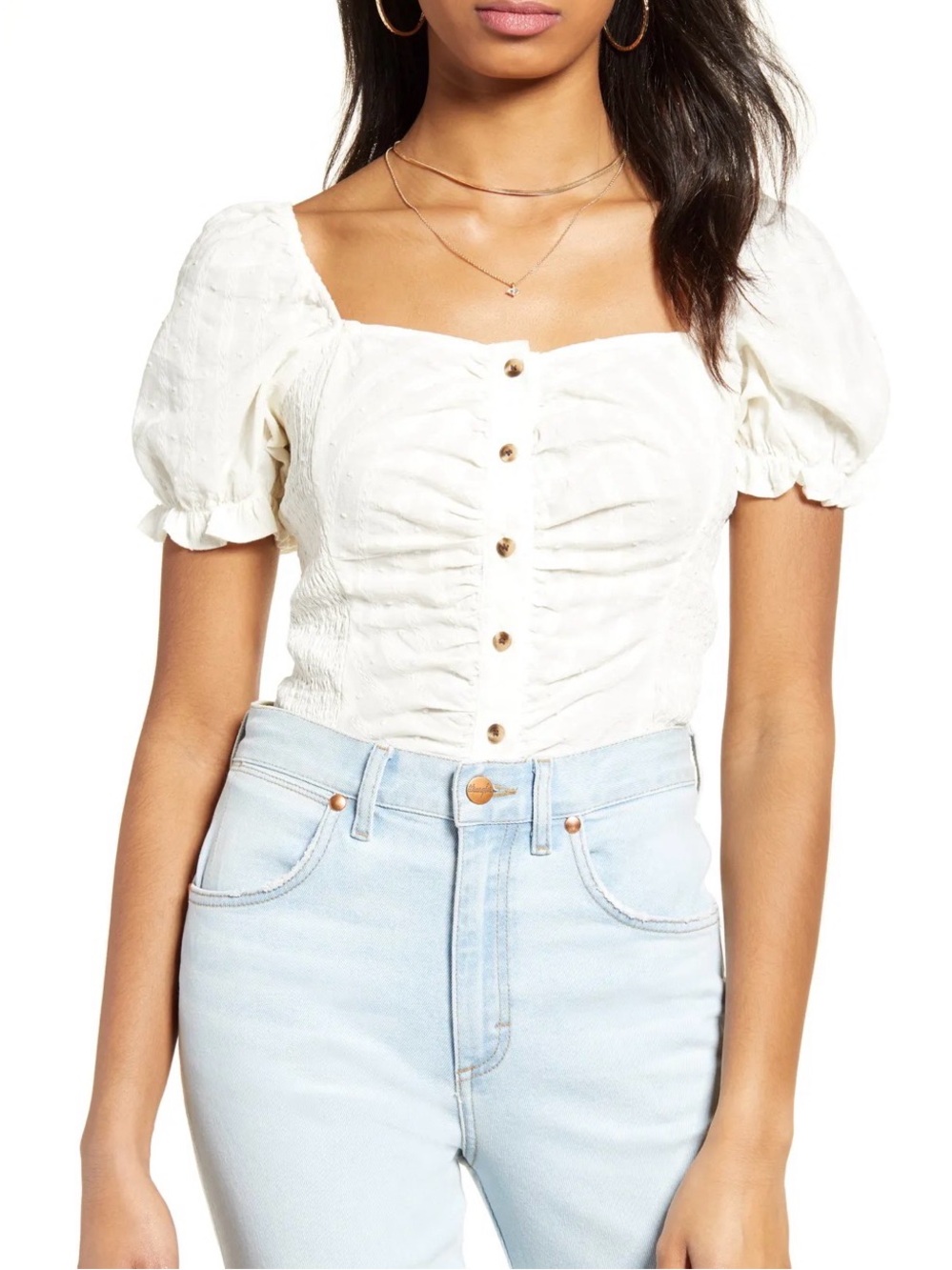 Nordstrom BP Swiss Dot Rouched Cream Puff-Sleeve Button Front Blouse
